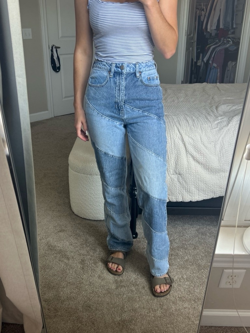 PacSun Patchwork Two-Tone Light Blue Straight Leg Jeans - Women